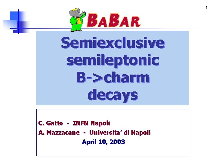 1 Semiexclusive semileptonic B->charm decays C. Gatto - INFN Napoli A. Mazzacane - Universita’
