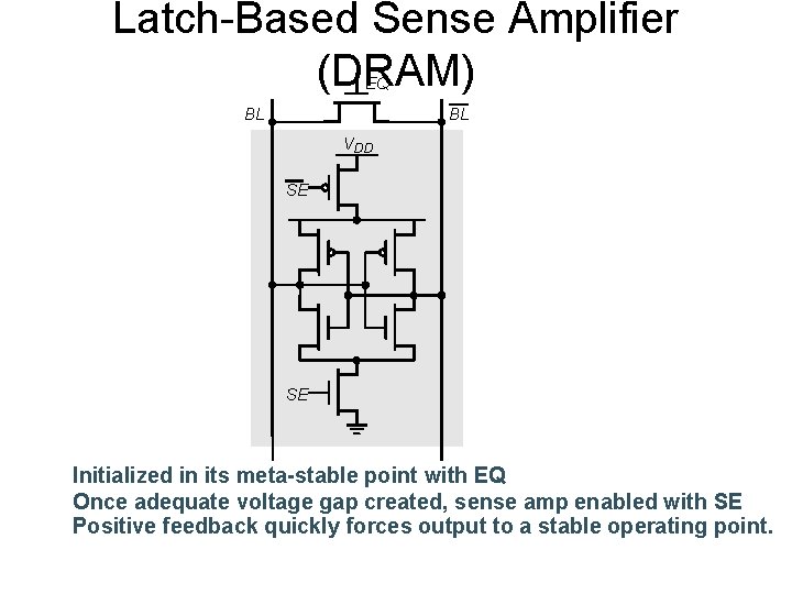 Latch-Based Sense Amplifier (DRAM) EQ BL BL VDD SE SE Initialized in its meta-stable