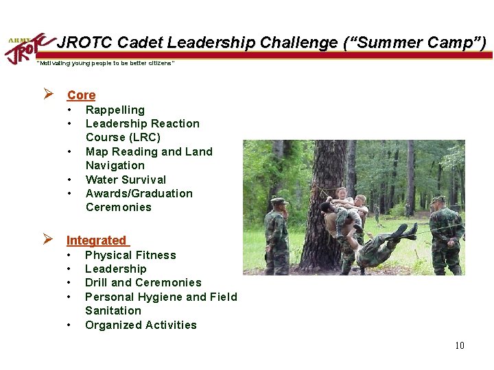 JROTC Cadet Leadership Challenge (“Summer Camp”) “Motivating young people to be better citizens” Ø