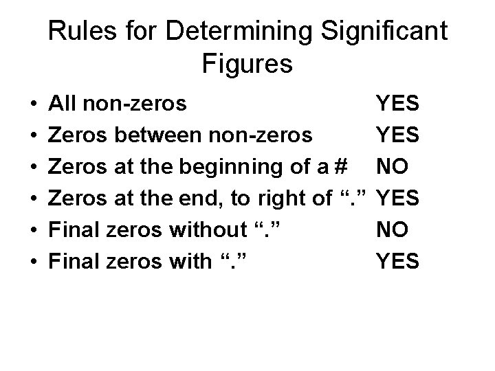 Rules for Determining Significant Figures • • • All non-zeros Zeros between non-zeros Zeros