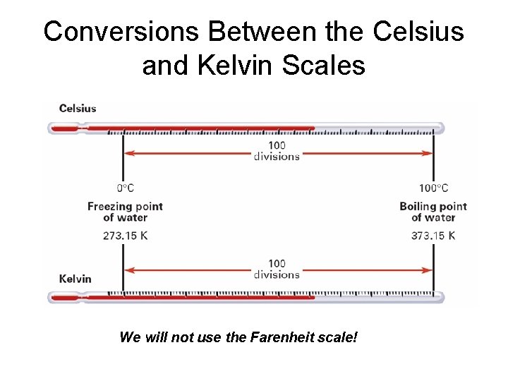 Conversions Between the Celsius and Kelvin Scales We will not use the Farenheit scale!