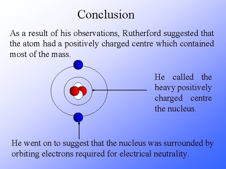 Conclusion As a result of his observations, Rutherford suggested that the atom had a