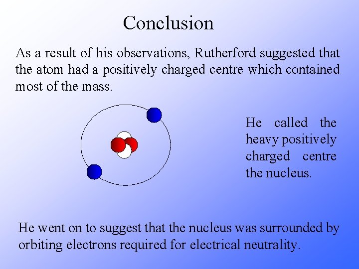 Conclusion As a result of his observations, Rutherford suggested that the atom had a