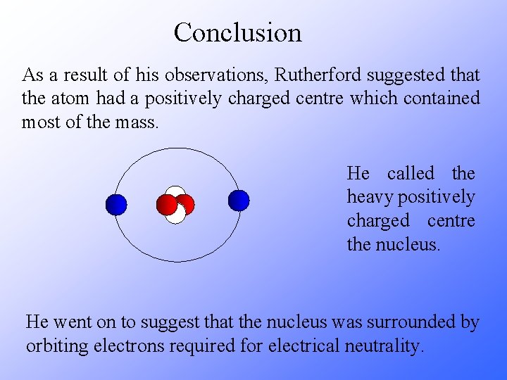Conclusion As a result of his observations, Rutherford suggested that the atom had a