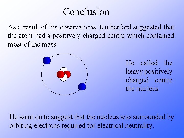 Conclusion As a result of his observations, Rutherford suggested that the atom had a