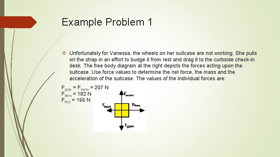 Example Problem 1 Unfortunately for Vanessa, the wheels on her suitcase are not working.