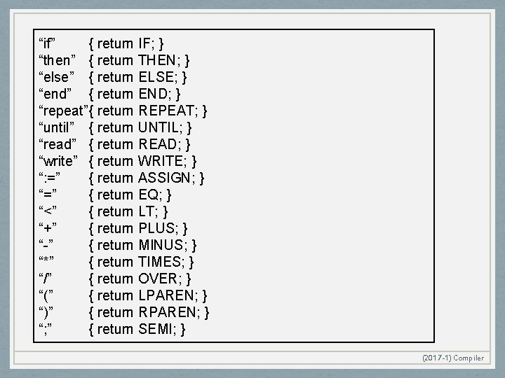 “if” { return IF; } “then” { return THEN; } “else” { return ELSE;