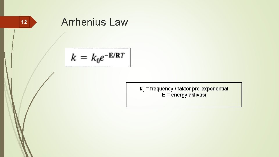 12 Arrhenius Law k 0 = frequency / faktor pre-exponential E = energy aktivasi
