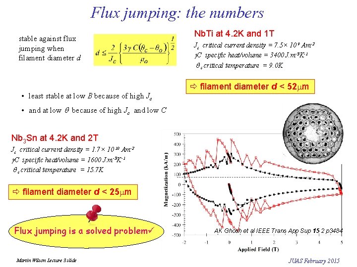 Flux jumping: the numbers stable against flux jumping when filament diameter d • least