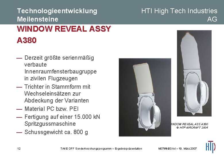 Technologieentwicklung Meilensteine HTI High Tech Industries AG WINDOW REVEAL ASSY A 380 — Derzeit