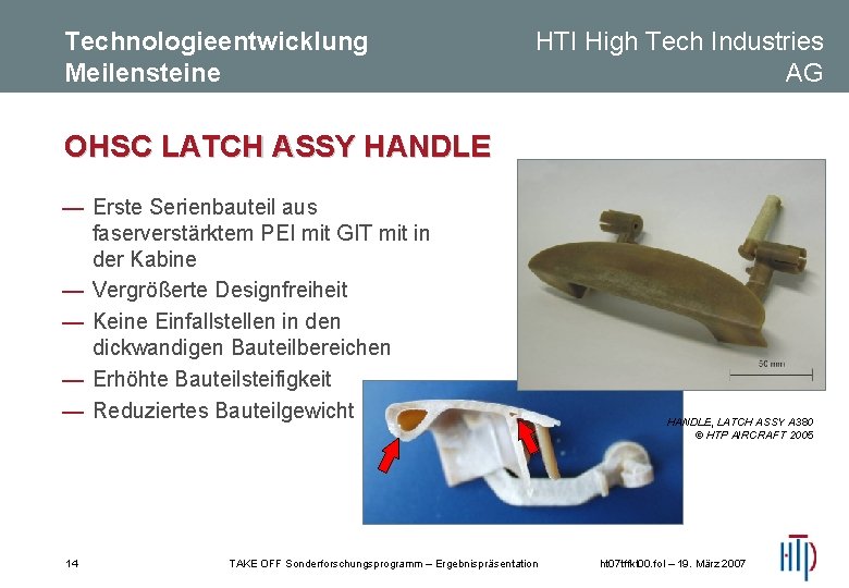 Technologieentwicklung Meilensteine HTI High Tech Industries AG OHSC LATCH ASSY HANDLE — Erste Serienbauteil Technologieentwicklung Meilensteine HTI High Tech Industries AG OHSC LATCH ASSY HANDLE — Erste Serienbauteil
