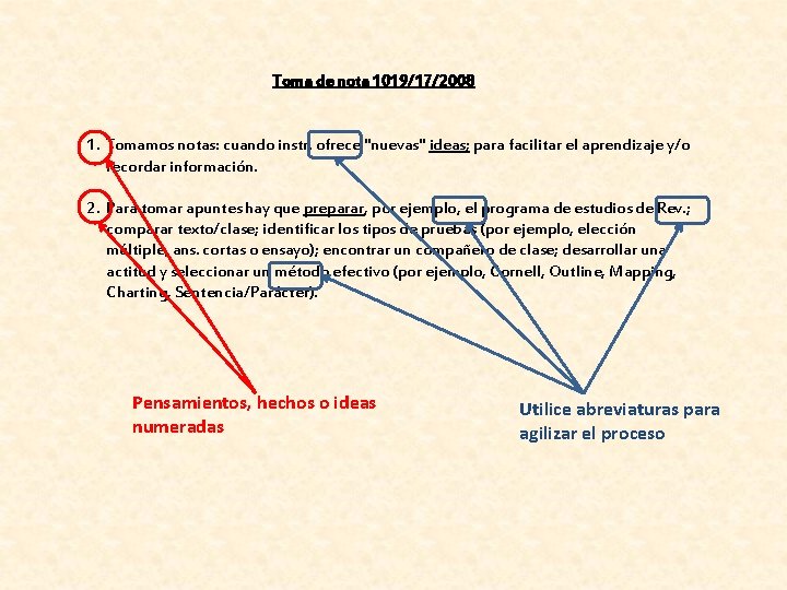 Toma de nota 1019/17/2008 1. Tomamos notas: cuando instr. ofrece "nuevas" ideas; para facilitar