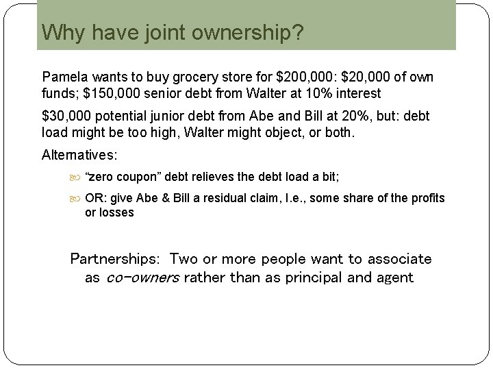 Why have joint ownership? Pamela wants to buy grocery store for $200, 000: $20,
