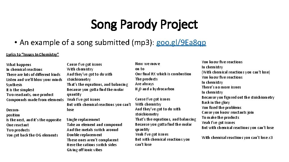 Song Parody Project • An example of a song submitted (mp 3): goo. gl/9