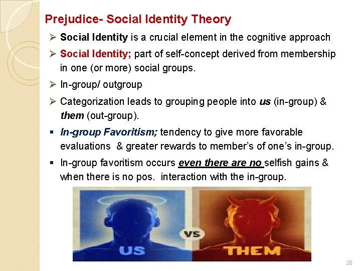 Prejudice- Social Identity Theory Ø Social Identity is a crucial element in the cognitive