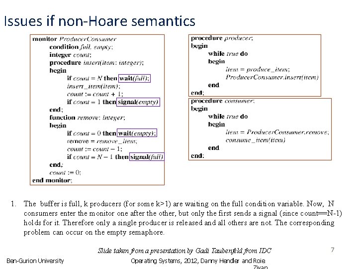 Issues if non-Hoare semantics 1. The buffer is full, k producers (for some k>1)