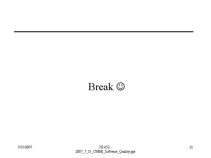 Break 7/31/2007 SE 652 2007_7_31_CMMI_Software_Quality. ppt 21 