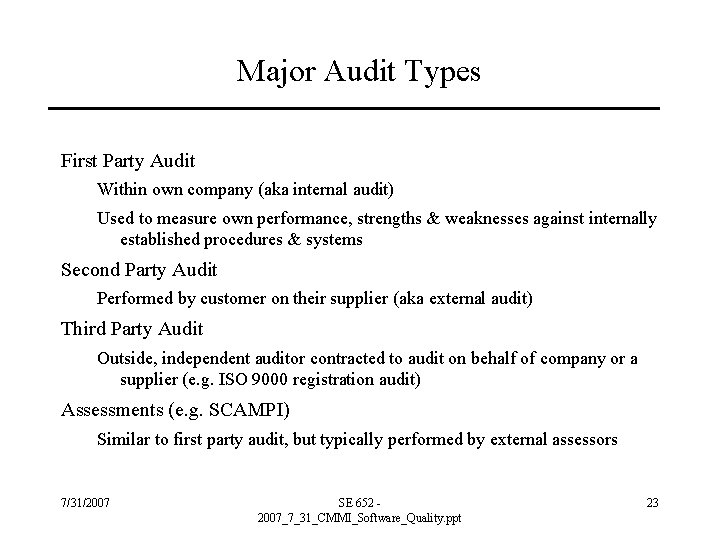 Major Audit Types First Party Audit Within own company (aka internal audit) Used to