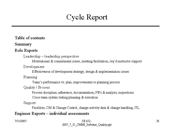 Cycle Report Table of contents Summary Role Reports Leadership – leadership perspective Motivational &