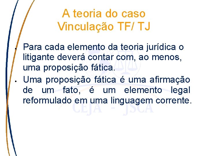 A teoria do caso Vinculação TF/ TJ Para cada elemento da teoria jurídica o