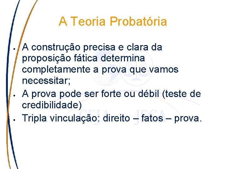 A Teoria Probatória A construção precisa e clara da proposição fática determina completamente a