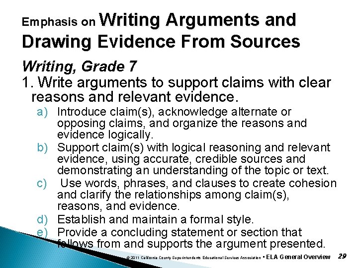Emphasis on Writing Arguments and Drawing Evidence From Sources Writing, Grade 7 1. Write