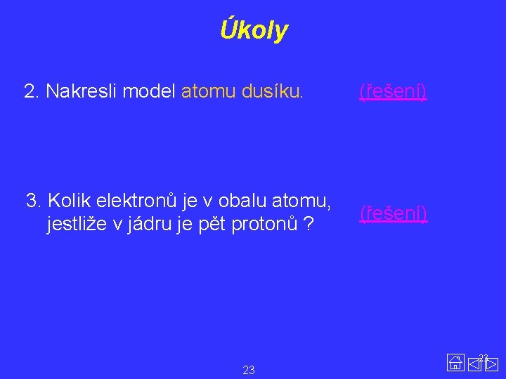 Úkoly 2. Nakresli model atomu dusíku. (řešení) 3. Kolik elektronů je v obalu atomu,