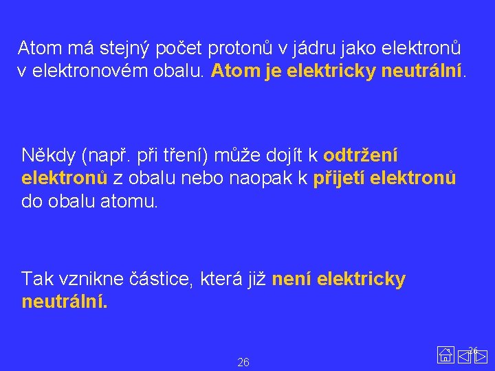 Atom má stejný počet protonů v jádru jako elektronů v elektronovém obalu. Atom je
