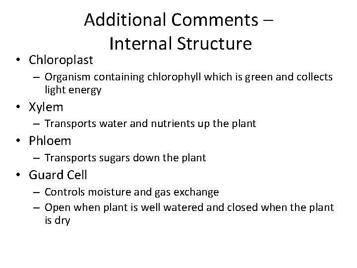 Additional Comments – Internal Structure • Chloroplast – Organism containing chlorophyll which is green