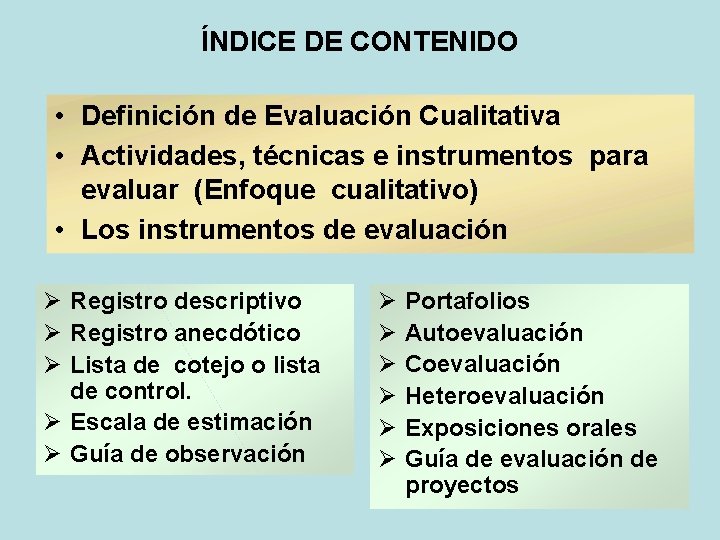 ÍNDICE DE CONTENIDO • Definición de Evaluación Cualitativa • Actividades, técnicas e instrumentos para ÍNDICE DE CONTENIDO • Definición de Evaluación Cualitativa • Actividades, técnicas e instrumentos para