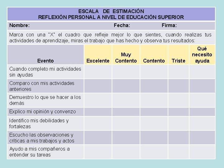 ESCALA DE ESTIMACIÓN REFLEXIÓN PERSONAL A NIVEL DE EDUCACIÓN SUPERIOR Nombre: Fecha: Firma: Marca ESCALA DE ESTIMACIÓN REFLEXIÓN PERSONAL A NIVEL DE EDUCACIÓN SUPERIOR Nombre: Fecha: Firma: Marca