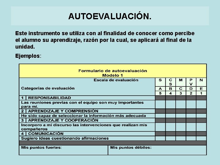 AUTOEVALUACIÓN. Este instrumento se utiliza con al finalidad de conocer como percibe el alumno AUTOEVALUACIÓN. Este instrumento se utiliza con al finalidad de conocer como percibe el alumno