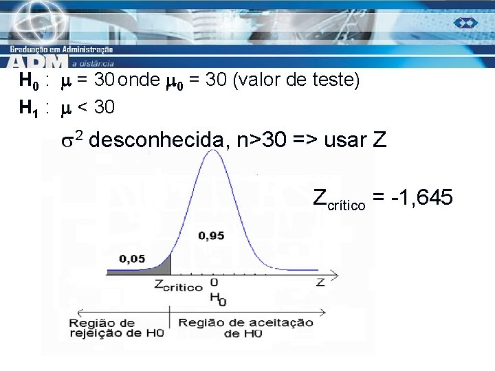 H 0 : = 30 onde 0 = 30 (valor de teste) H 1