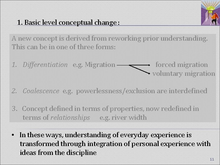 1. Basic level conceptual change : A new concept is derived from reworking prior