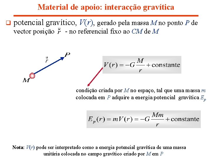 Material de apoio: interacção gravítica q potencial gravítico, V(r), gerado pela massa M no Material de apoio: interacção gravítica q potencial gravítico, V(r), gerado pela massa M no