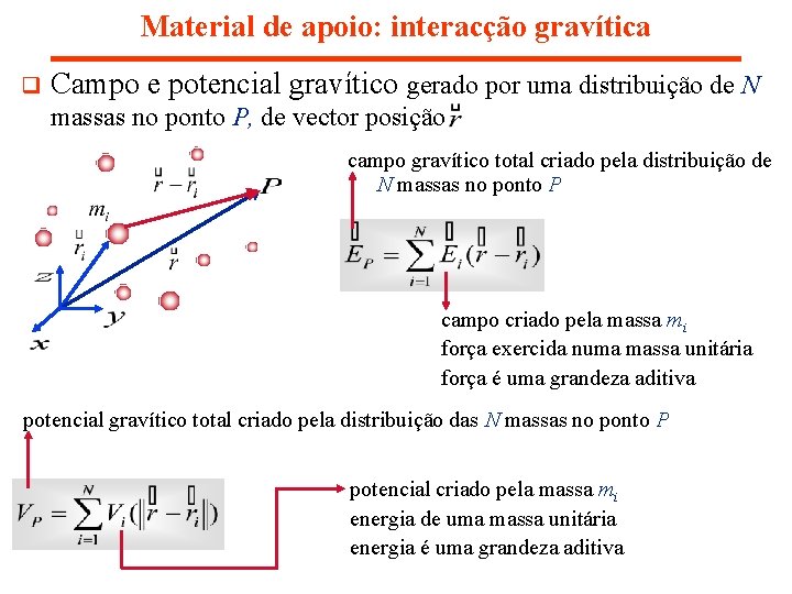 Material de apoio: interacção gravítica q Campo e potencial gravítico gerado por uma distribuição Material de apoio: interacção gravítica q Campo e potencial gravítico gerado por uma distribuição
