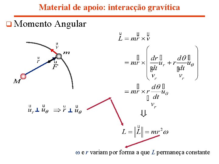 Material de apoio: interacção gravítica q Momento Angular w e r variam por forma Material de apoio: interacção gravítica q Momento Angular w e r variam por forma