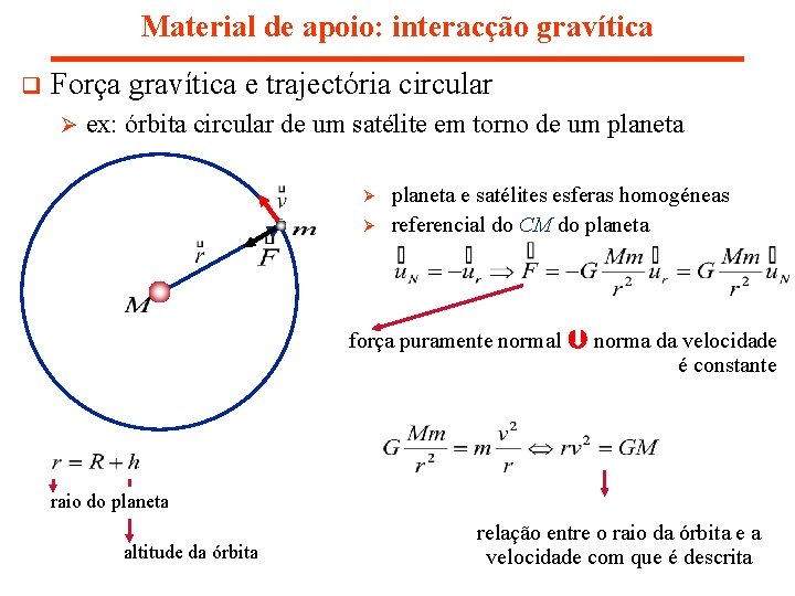 Material de apoio: interacção gravítica q Força gravítica e trajectória circular Ø ex: órbita Material de apoio: interacção gravítica q Força gravítica e trajectória circular Ø ex: órbita