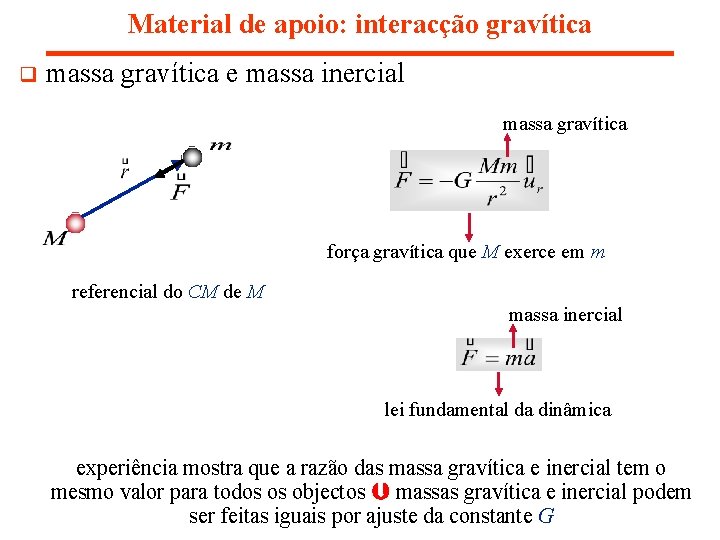 Material de apoio: interacção gravítica q massa gravítica e massa inercial massa gravítica força Material de apoio: interacção gravítica q massa gravítica e massa inercial massa gravítica força