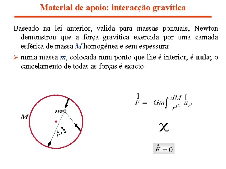 Material de apoio: interacção gravítica Baseado na lei anterior, válida para massas pontuais, Newton Material de apoio: interacção gravítica Baseado na lei anterior, válida para massas pontuais, Newton