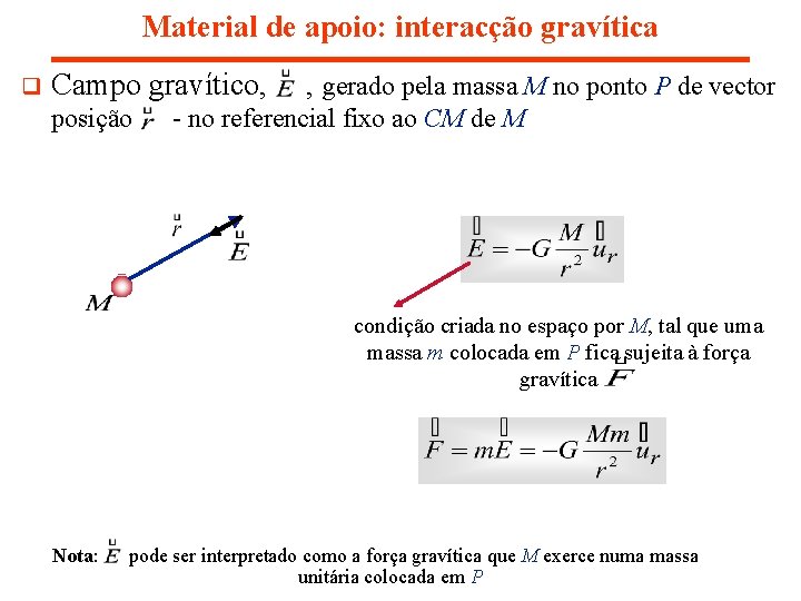 Material de apoio: interacção gravítica q Campo gravítico, posição , gerado pela massa M Material de apoio: interacção gravítica q Campo gravítico, posição , gerado pela massa M