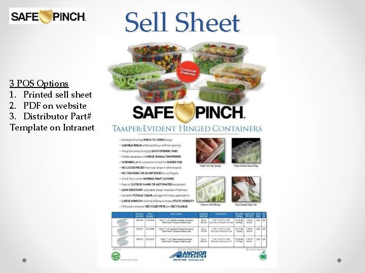 Sell Sheet 3 POS Options 1. Printed sell sheet 2. PDF on website 3.