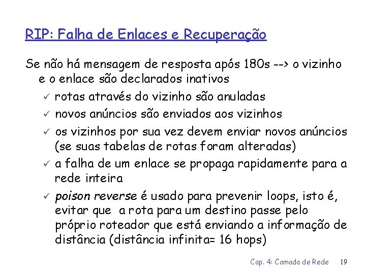 RIP: Falha de Enlaces e Recuperação Se não há mensagem de resposta após 180
