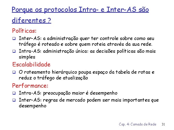 Porque os protocolos Intra- e Inter-AS são diferentes ? Políticas: q Inter-AS: a administração