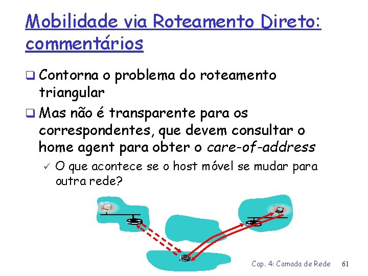 Mobilidade via Roteamento Direto: commentários q Contorna o problema do roteamento triangular q Mas
