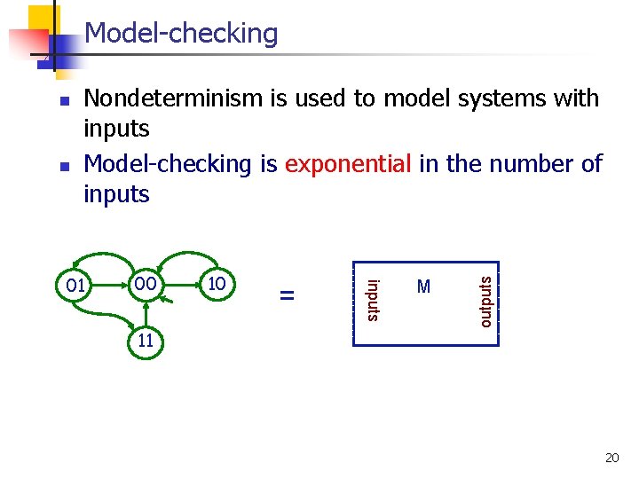 Model-checking n Nondeterminism is used to model systems with inputs Model-checking is exponential in