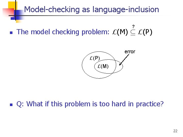 Model-checking as language-inclusion ? n The model checking problem: L(M) µ L(P) error L(P)