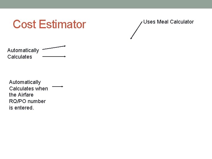 Cost Estimator Automatically Calculates when the Airfare RQ/PO number is entered. Uses Meal Calculator