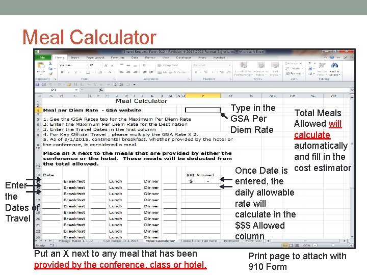 Meal Calculator Type in the GSA Per Diem Rate Enter the Dates of Travel