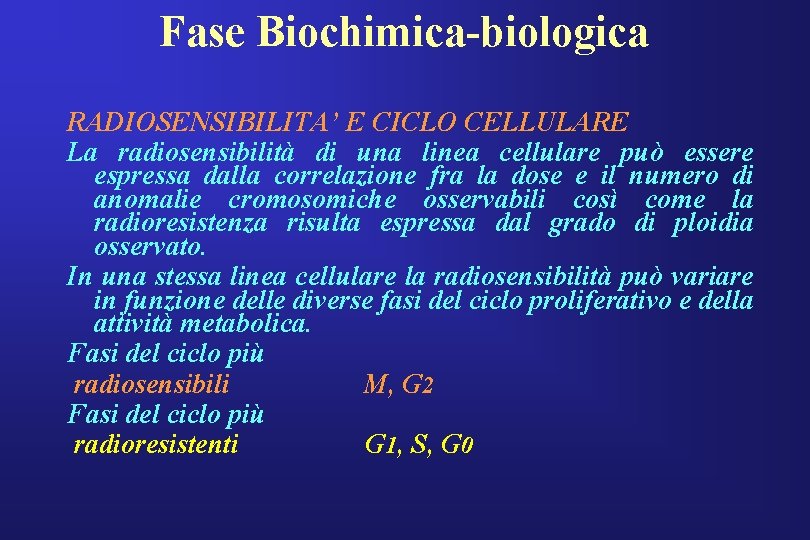 Fase Biochimica-biologica RADIOSENSIBILITA’ E CICLO CELLULARE La radiosensibilità di una linea cellulare può essere